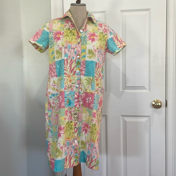 Vintage palm lily shirt dress Floral Patchwork Hawaiian tropical preppy womens 8 - Picture 14 of 16